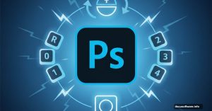 Adobe Photoshop logo surrounded by keyboard shortcuts and workflow icons