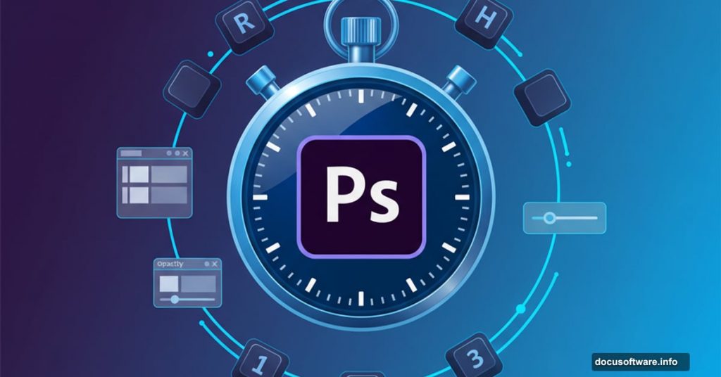 Stopwatch with Photoshop logo surrounded by keyboard shortcuts and tools