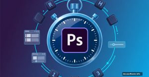 Stopwatch with Photoshop logo surrounded by keyboard shortcuts and tools