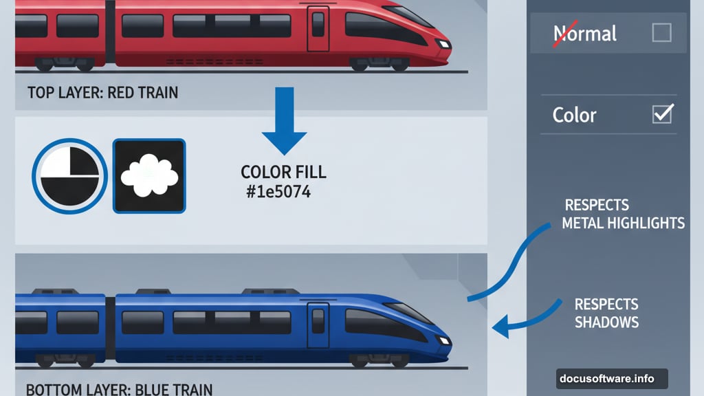 Color Fill adjustment layer with mask recolors train stripe blue