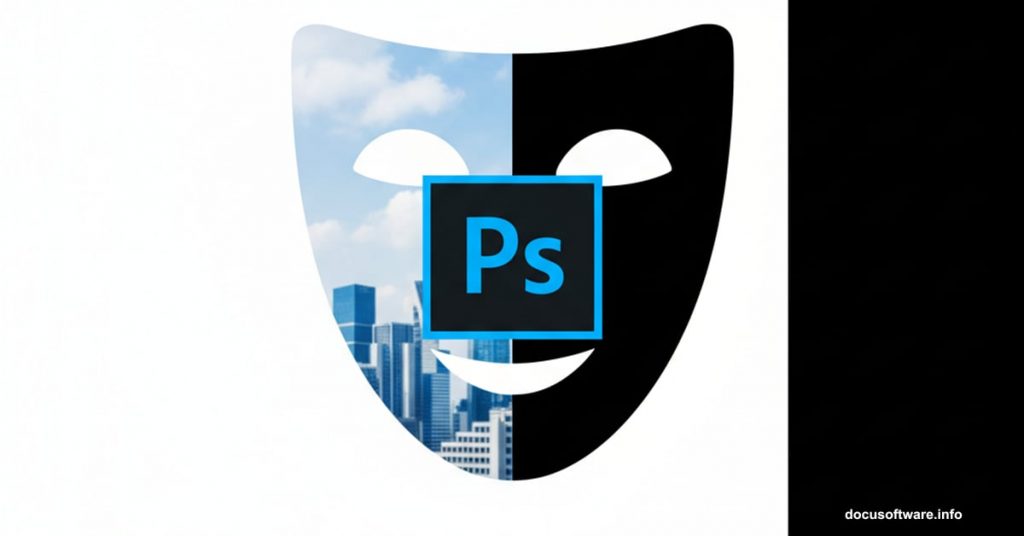 White and black theatrical mask representing Photoshop masking concept