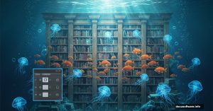 Underwater library with fish and Photoshop layers panel overlay