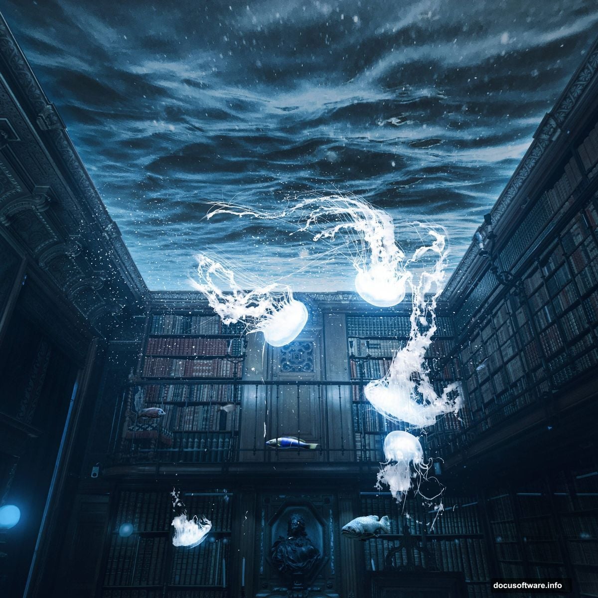 Combining library interior with water textures and sea creature images