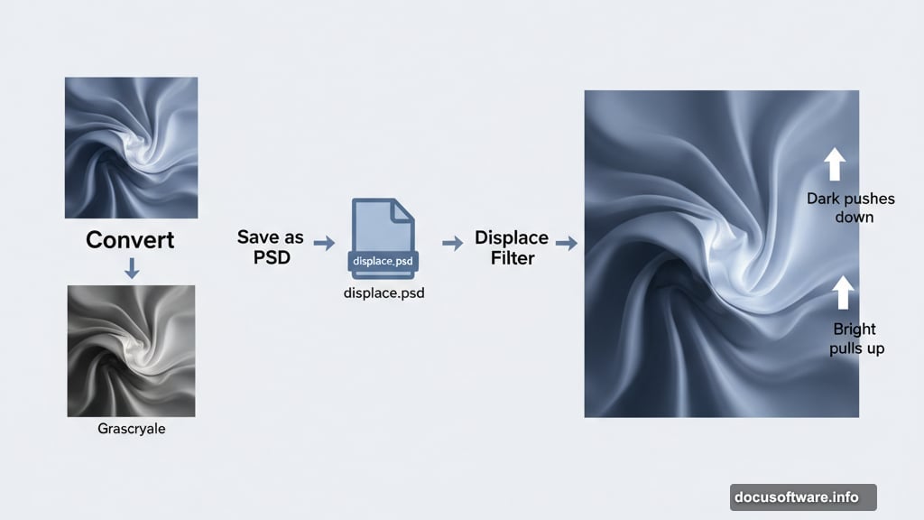 Displacement map reads brightness values to create fabric texture realism
