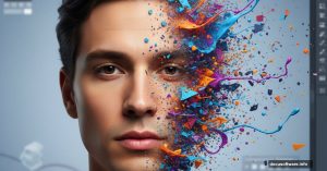 Portrait photo dissolving into particles showing Photoshop disintegration effect tutorial