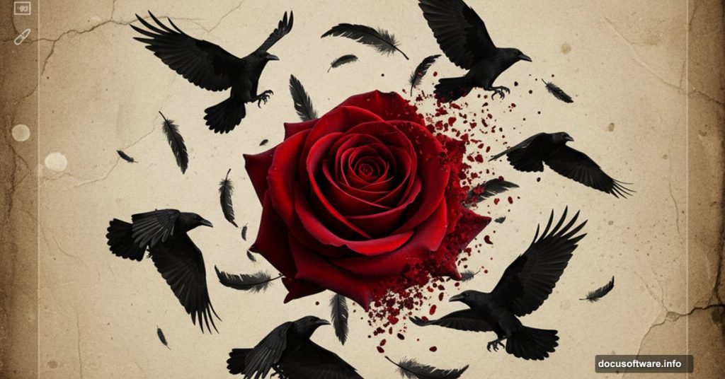 Red rose surrounded by ravens and feathers on vintage paper texture