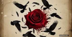 Red rose surrounded by ravens and feathers on vintage paper texture