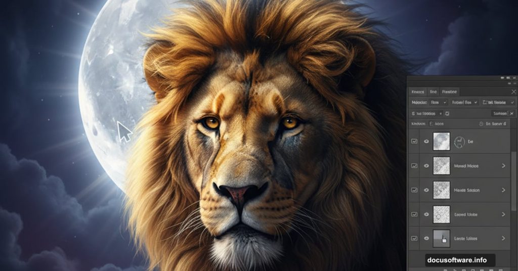 Majestic lion portrait with moon and Photoshop interface elements overlay