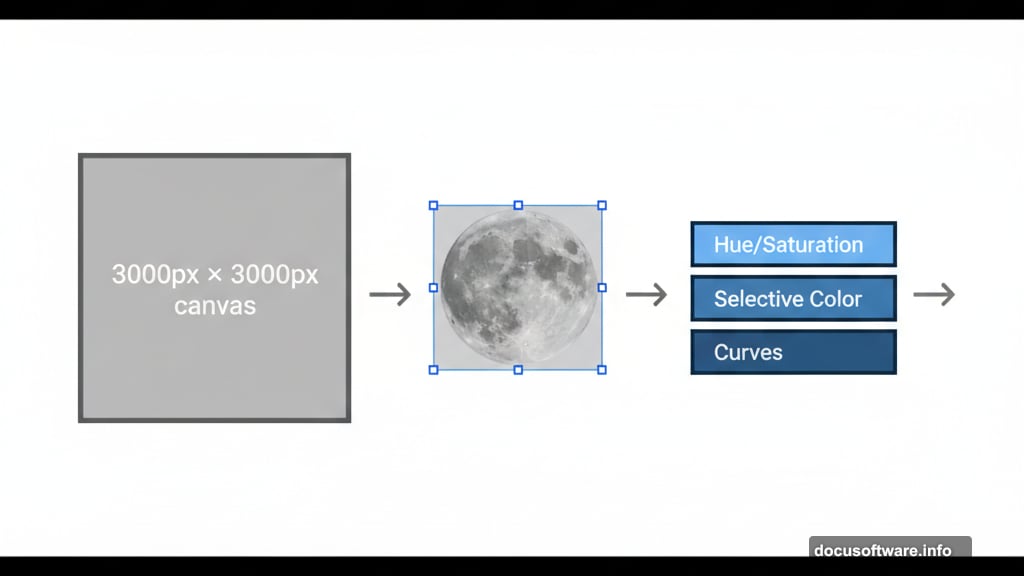 Photoshop canvas setup with moon placement and color correction layers