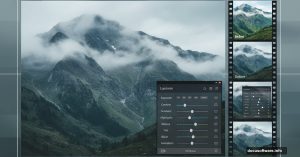 Nordic landscape photo with Lightroom preset controls showing moody transformation