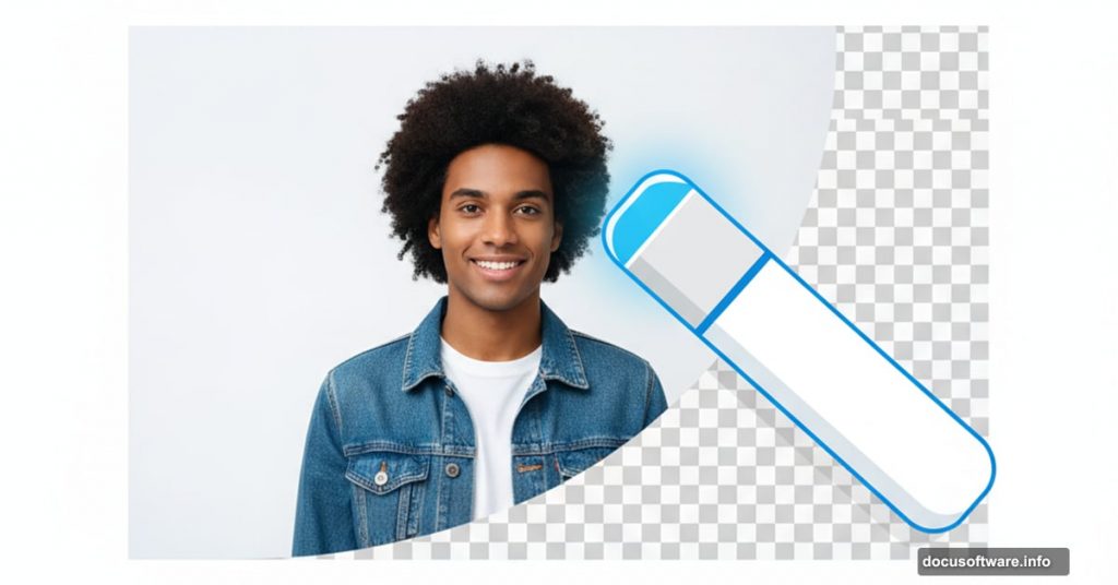 Magic wand erasing white background revealing transparent checkerboard in Photoshop
