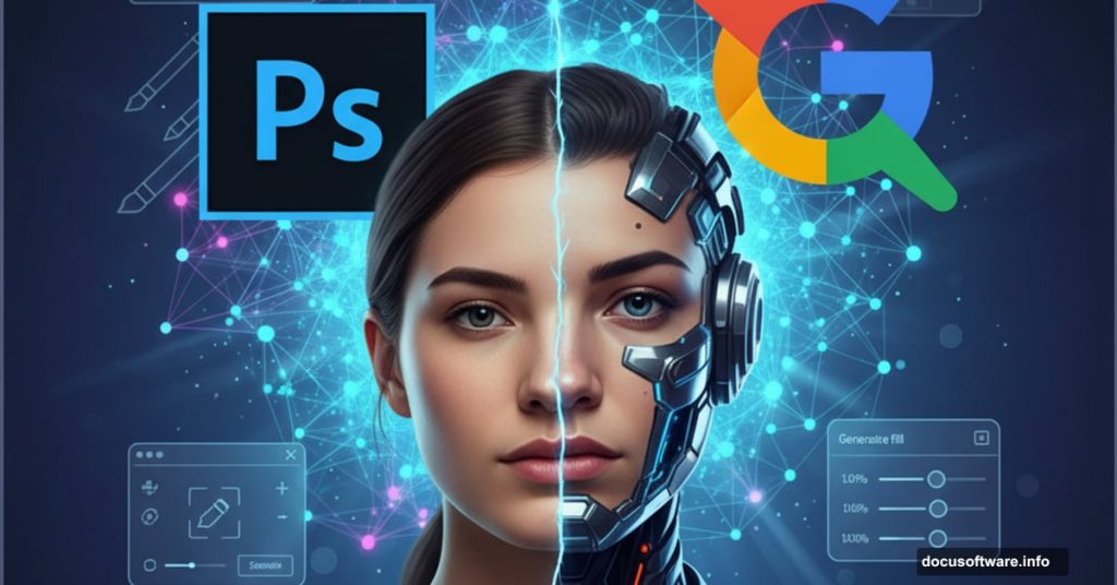 Photoshop and Google Gemini logos merging with AI-edited portrait
