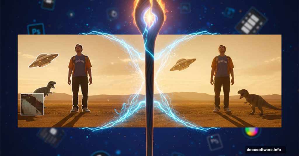 Magic wand transforming fake composite into seamless realistic photo blend