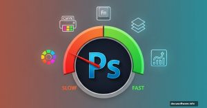 Photoshop logo as speedometer showing performance increase from slow to fast