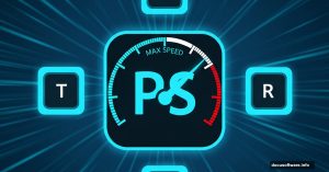 Photoshop logo with speedometer and keyboard shortcuts showing workflow acceleration