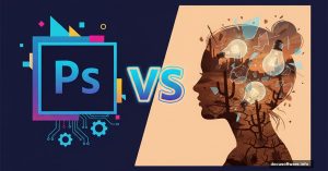 Photoshop logo versus complex surreal head photo manipulation artwork