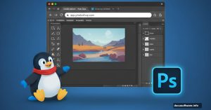 Browser window showing Photoshop interface with Linux penguin and Adobe logo