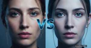 Split screen showing pixelated image versus AI upscaled sharp image comparison