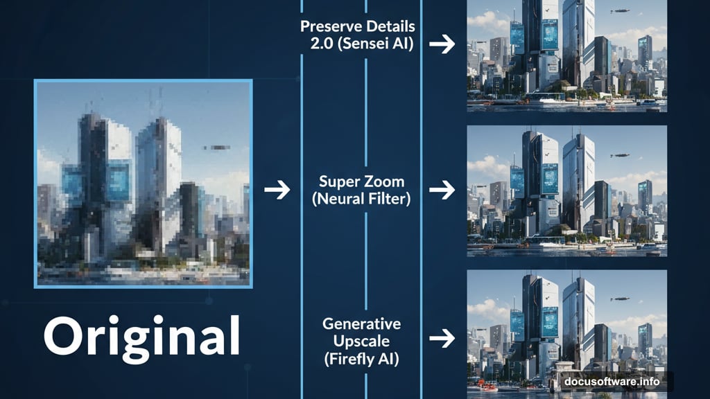 Three AI upscaling methods in Photoshop compared side by side