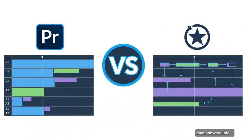 Traditional NLE timeline with tracks versus Magnetic Timeline approach