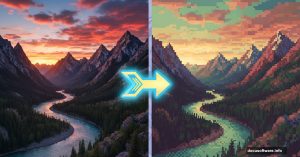 Modern photo transforming into retro pixel art game graphics