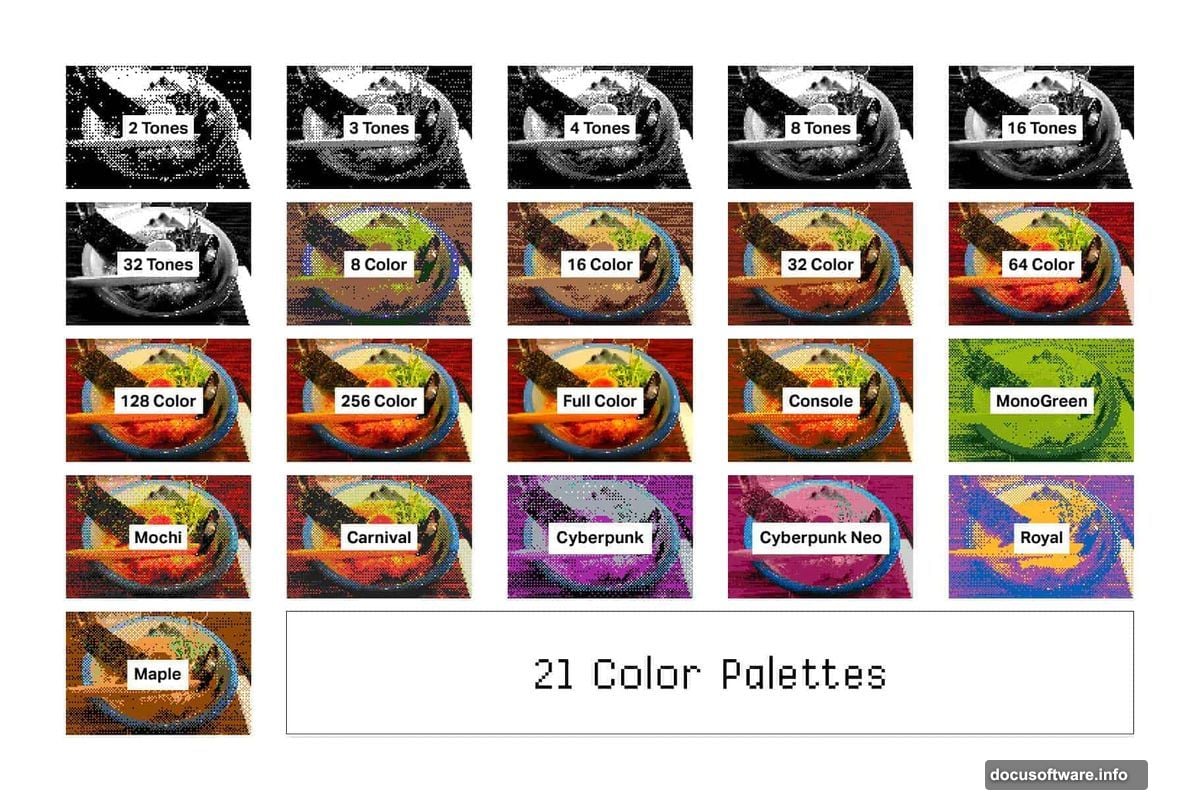 Actions organize pixels with patterns resembling vintage game graphics