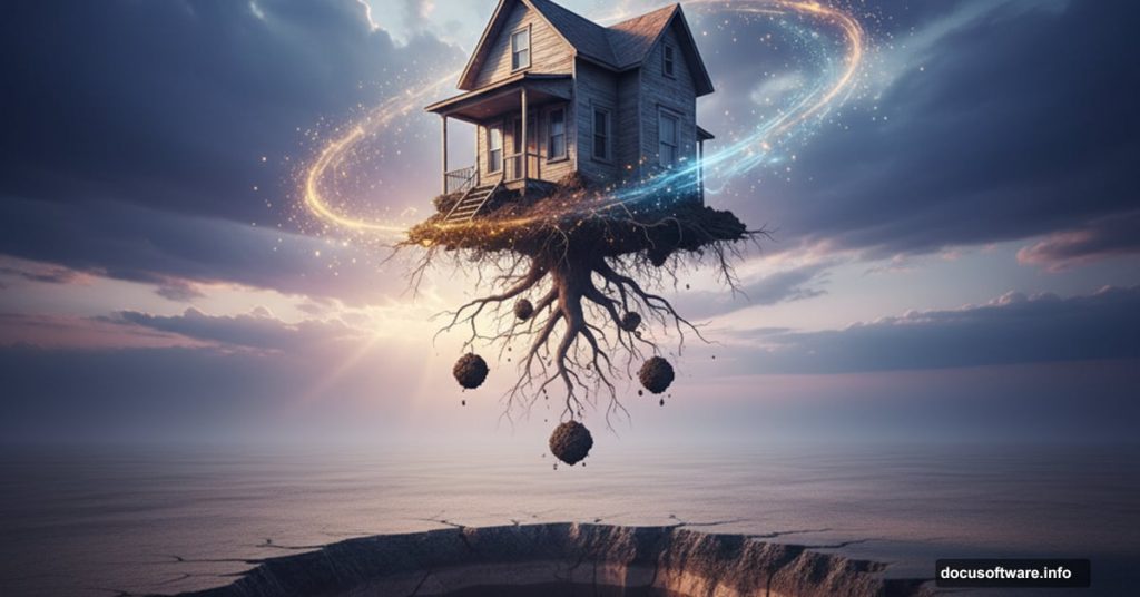 Floating house with roots suspended between desert ground and cloudy sky