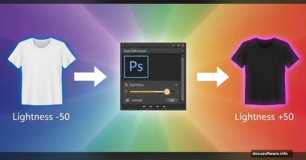 White and black shirts transforming into vibrant colors using Photoshop Lightness slider