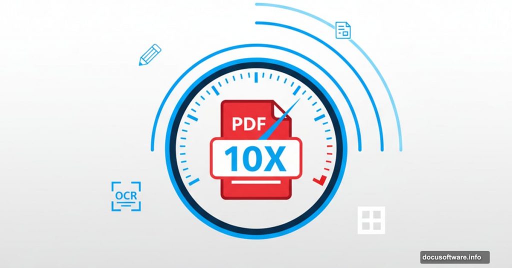 Adobe Acrobat PDF with speedometer showing 10X faster workflow acceleration