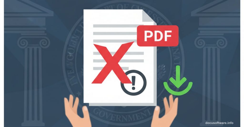 Broken government PDF document with error symbol and download solution
