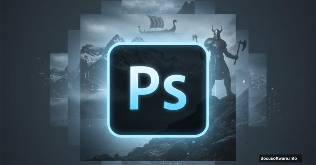 Photoshop logo with layered Viking warrior and fjord images emerging