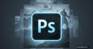 Photoshop logo with layered Viking warrior and fjord images emerging