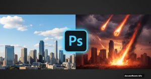 Split screen showing city transformation from normal to apocalyptic using Photoshop