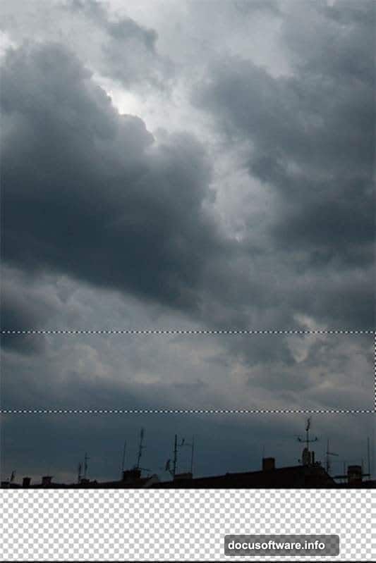 Marquee Tool selects lower sky portion without rooftops for background