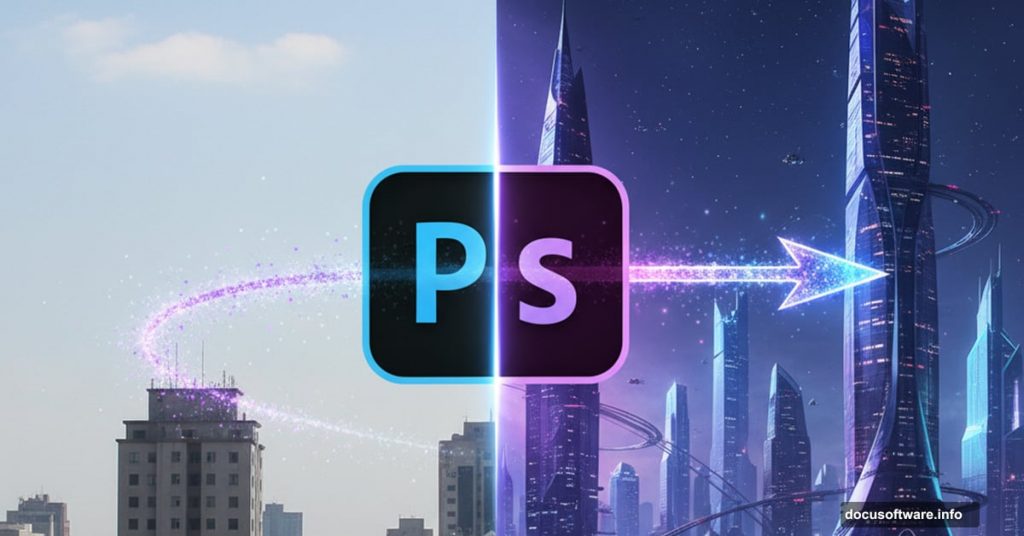 Split screen showing city transformation using Photoshop from basic to futuristic