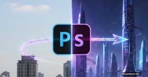 Split screen showing city transformation using Photoshop from basic to futuristic