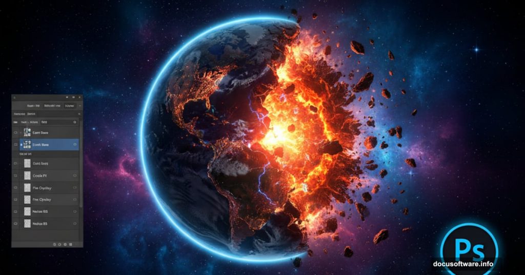 Photoshop tutorial creating dramatic galaxy apocalypse scene with destroyed Earth