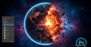 Photoshop tutorial creating dramatic galaxy apocalypse scene with destroyed Earth