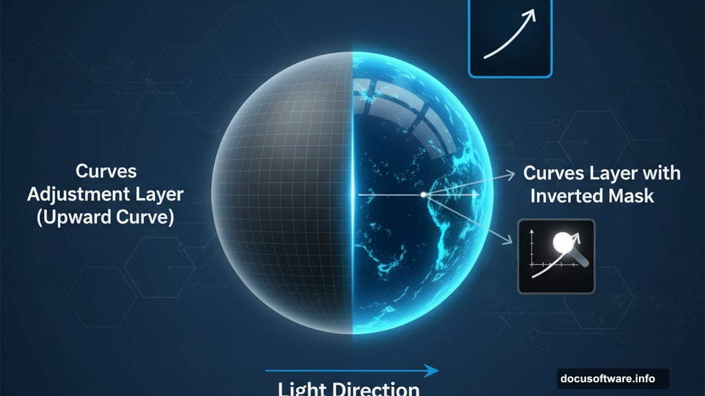 Curves adjustment layers create dramatic lighting on cosmic planet scene
