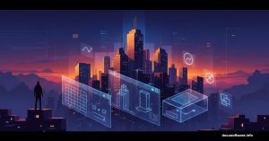 Glowing city skyline with Photoshop layers showing composite rooftop scene creation