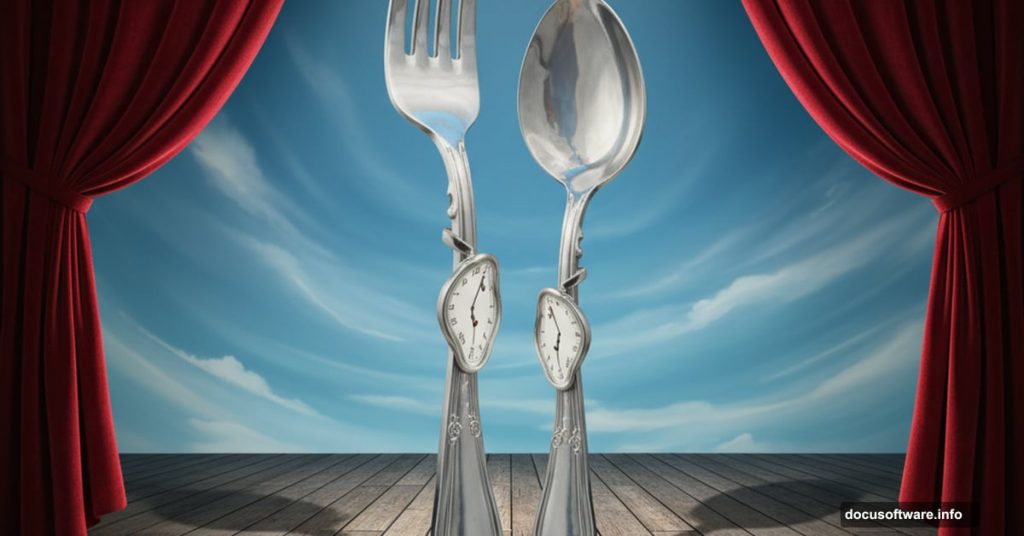 Surreal theater stage with giant fork and spoon framed by red curtains
