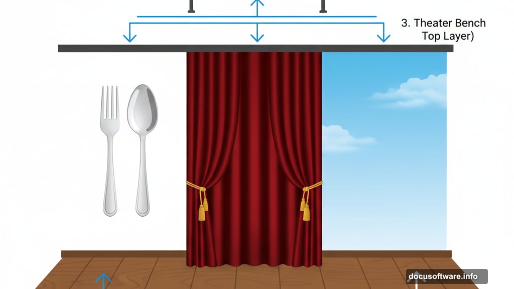 Compose surreal cutlery elements with red velvet curtains and backdrop