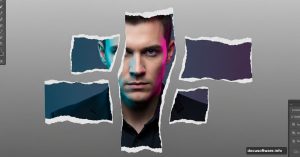 Portrait photo torn into rectangular pieces with realistic ragged edges