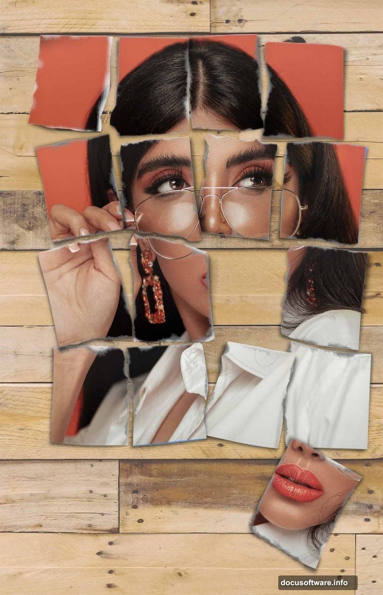 Physical torn paper template photographed to guide digital Photoshop work