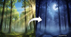 Forest photo before and after Photoshop day to night transformation