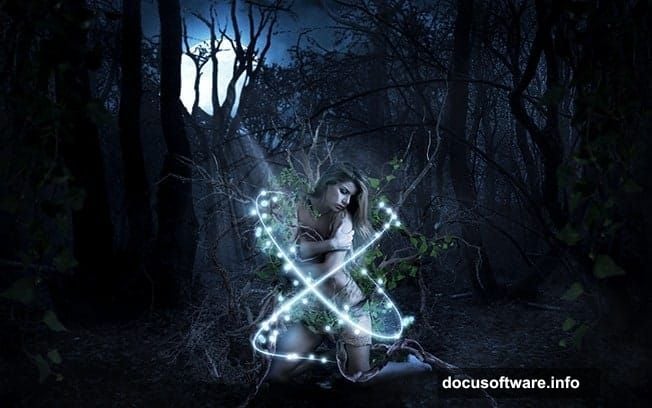 Adjustment layers transform daylight forest into twilight blue tone atmosphere