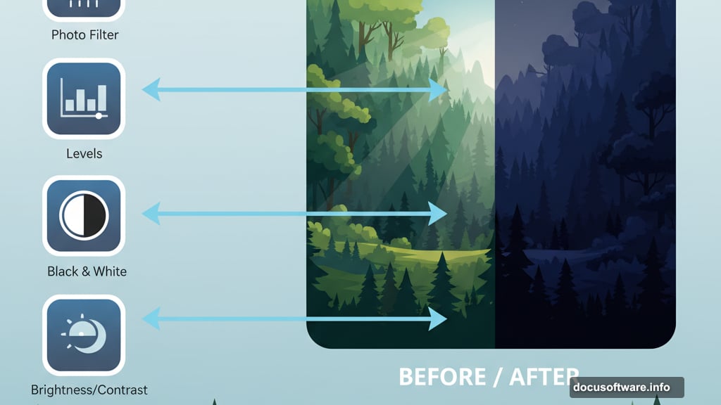 Adjustment layers transform daylight forest into dark twilight scene