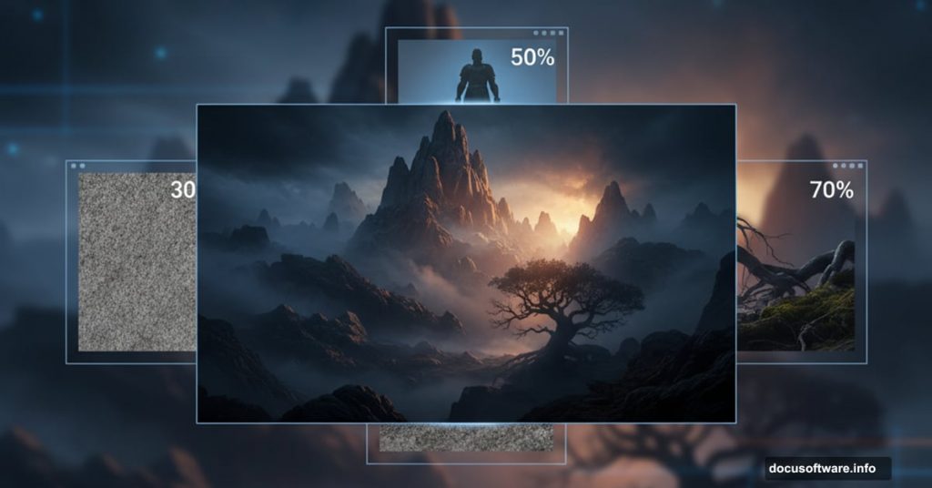 Dark fantasy landscape with floating Photoshop layer panels showing composition