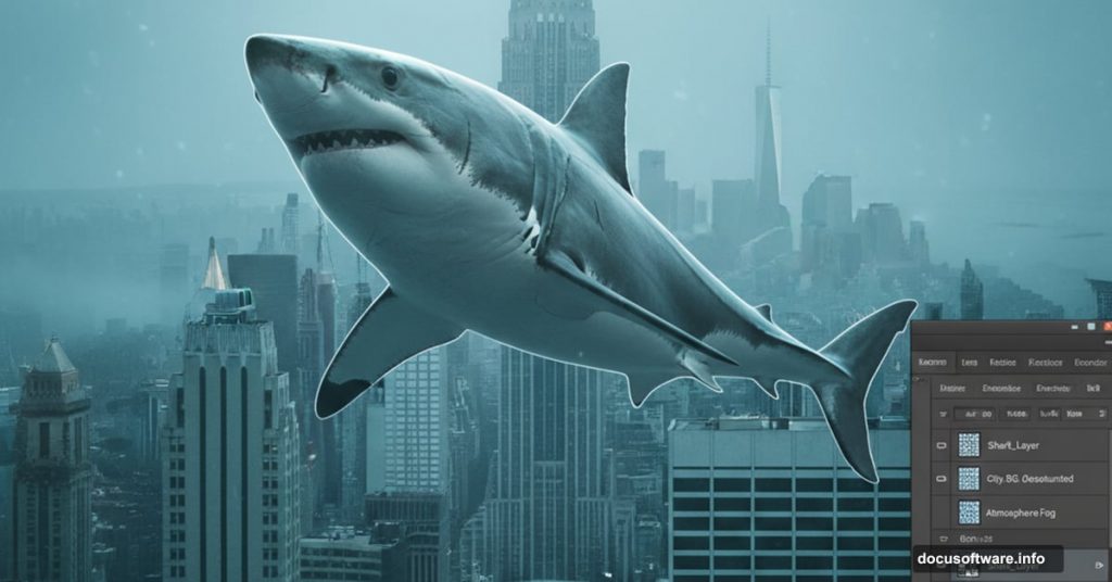 Great white shark composited flying through Manhattan skyscrapers in Photoshop