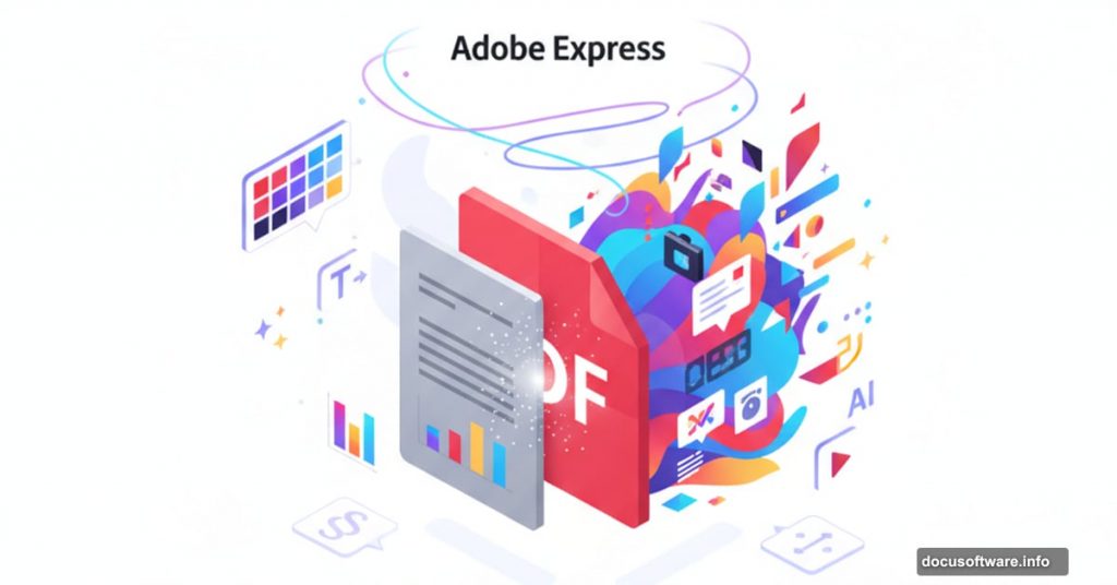 Adobe Acrobat PDF transforming into colorful design elements with Express
